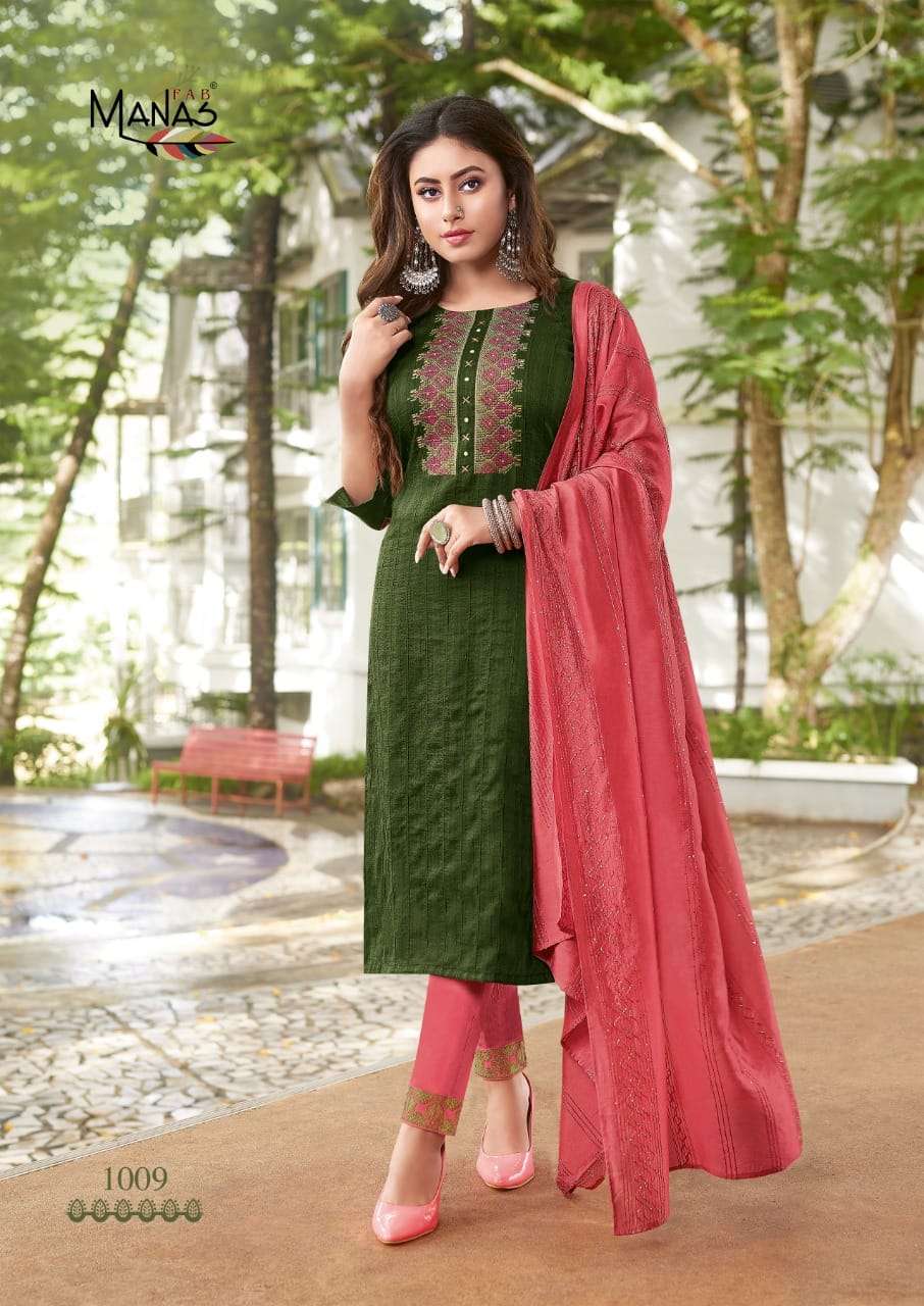 Manas Fab-  Sparkle Vol.2-Fabrics- Chinon Weaving-Embroidery-work-Kurti-Handwork-Full Inner-Rayon Slub Lycra-Pant-Chanderi Viscose-Crochet Work-Dupatta-1009